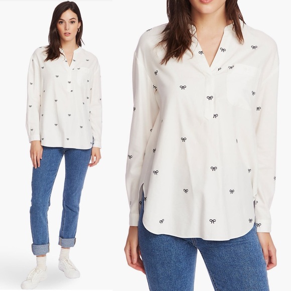 NWT Court & Row Bow Embroidered Long Sleeve Henley Top White Navy Size Large - Picture 2 of 10